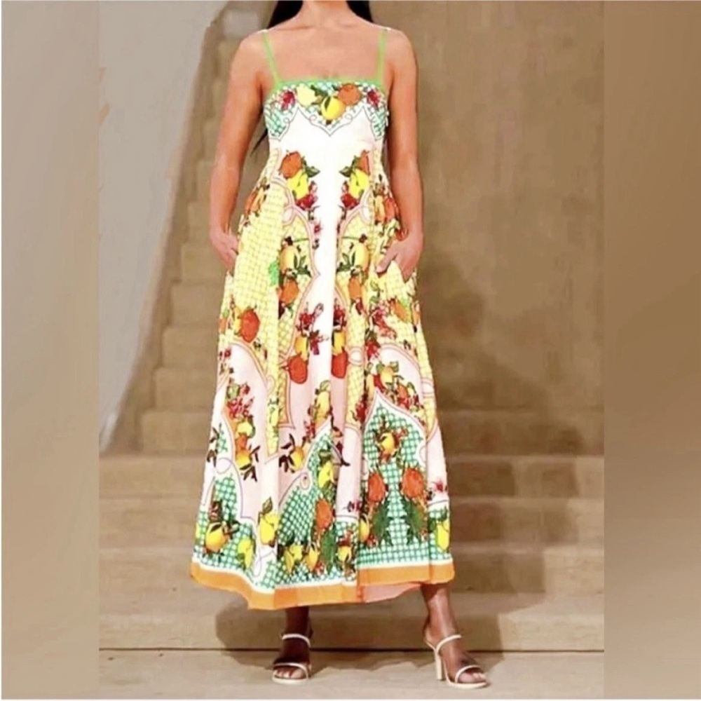 New Caroline Constas Linen Strappy Fruits Dots Print Maxi Long Dress Picnic S